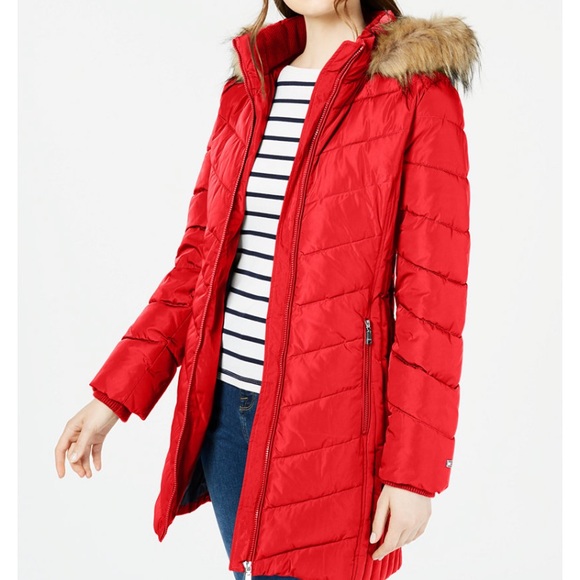 Red Tommy Hilfiger faux fur trim hood puffer coat - Picture 3 of 6